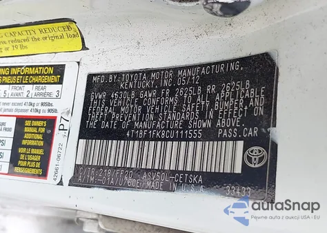 2012 Toyota Camry Se из США, поврежденный, VIN 4T1BF1FK8CU111555